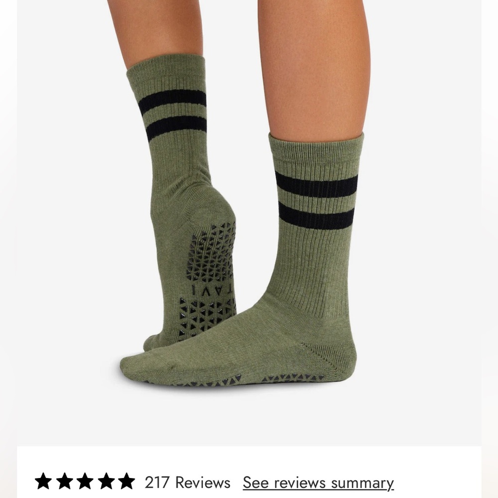 Tavi Kai Olive Grip Crew Socks with Black Stripes